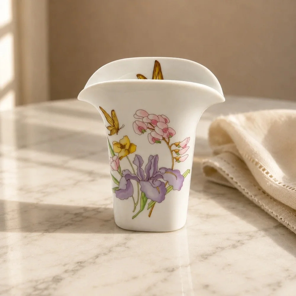 Vintage Fine China Japan Porcelain Flared Vase Iris Floral Butterfly Gold Trim